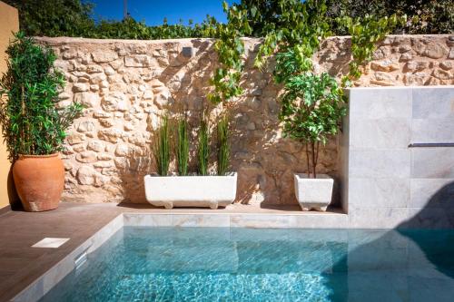 una piscina con 2 macetas junto a una pared de piedra en Casa Amparo - Alquiler íntegro con encanto en Alicante, en Alcoleja