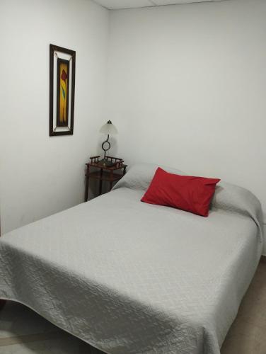 Una cama con una almohada roja encima. en Albajunin en Junín