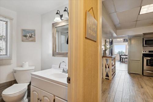 een badkamer met een wit toilet en een wastafel bij Lakefront Family Home/Golf Cart/Beach in Luna Pier