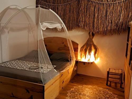 a bedroom with a bed with a net ceiling at P'tites chambres dans la campagne de Marie Galante in Grand-Bourg