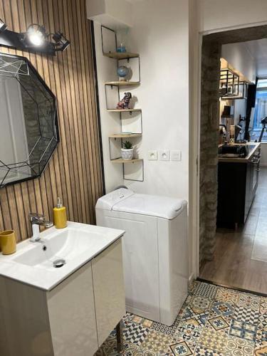 La salle de bains est pourvue d'un évier et d'un réfrigérateur blanc. dans l'établissement - NEW - Le CherBlue - WiFi / Netflix, à Cherbourg en Cotentin