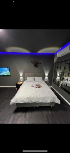 een slaapkamer met een groot wit bed en een televisie bij Jentelmen rooms in Haifa