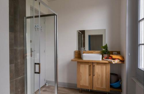 a bathroom with a sink and a mirror at Résidence Harmonie Appartement N 3 Meublé Avec Petit Déjeuner in Néris-les-Bains