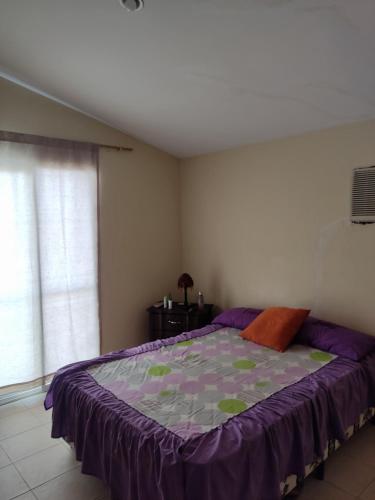Un dormitorio con una cama con sábanas moradas y una ventana en Casa Vía Spondylus, en Santa Elena