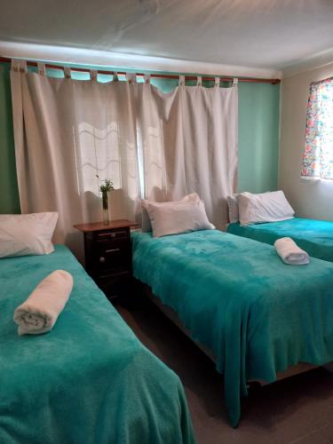 a bedroom with two beds with green sheets and a window at Cabaña en Tigre in Tigre