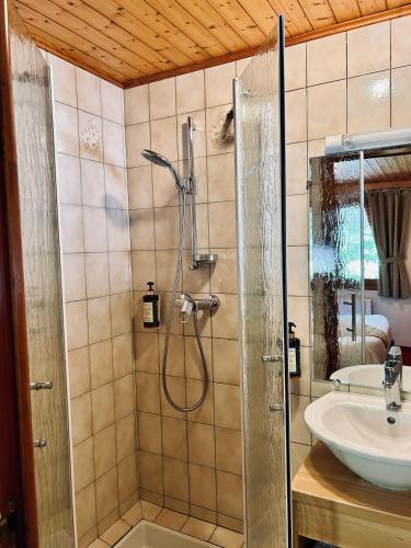 a bathroom with a shower and a sink at Hameau des Prodains - Hôtel in Morzine