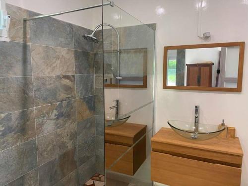 La salle de bains est pourvue d'un lavabo et d'une douche en verre. dans l'établissement Bungalow l'amandier avec piscine, à Terre-de-Haut