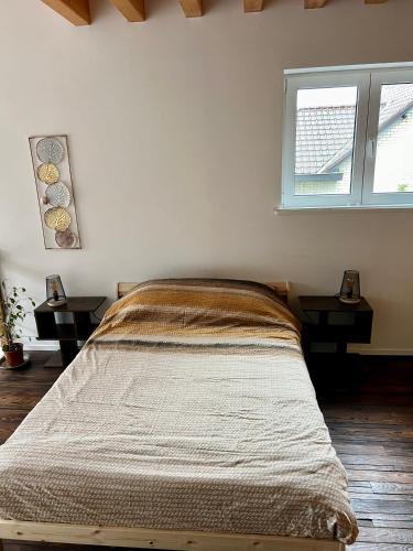 a bedroom with a bed and two windows at Capstay La Louvière in La Louvière