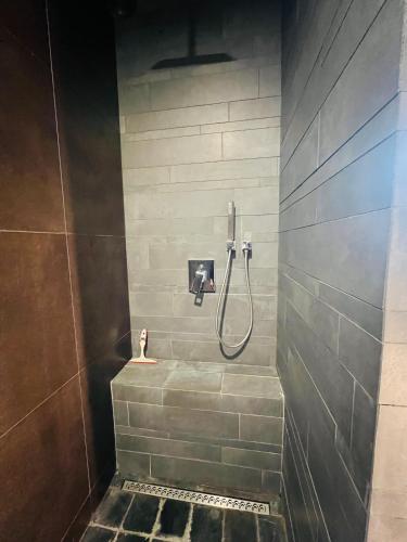 a bathroom with a shower with a tile wall at Capstay La Louvière in La Louvière