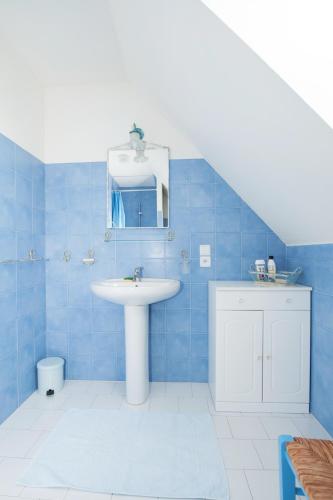 une salle de bain bleue avec un lavabo et un miroir dans l'établissement Domaine d'Orion, à Orliaguet