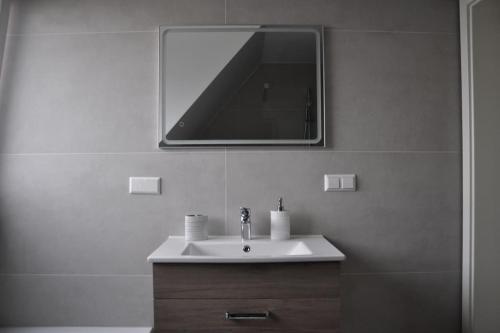La salle de bains est pourvue d'un lavabo blanc et d'un miroir. dans l'établissement Wohnung in Eggenstein-Leopoldsh., 