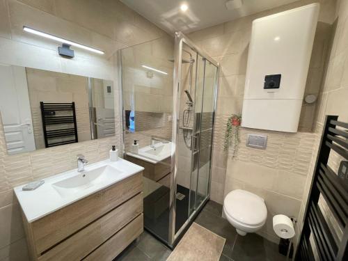 une salle de bain avec un lavabo, des toilettes et une douche dans l'établissement Petite maison Disneyland Paris, à Magny-le-Hongre