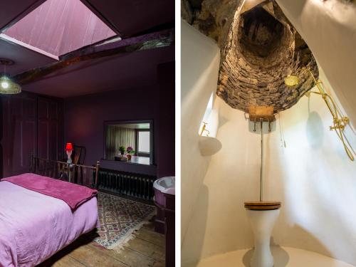 two pictures of a bedroom with purple walls and a bed at Fernhill Castle in Keighley