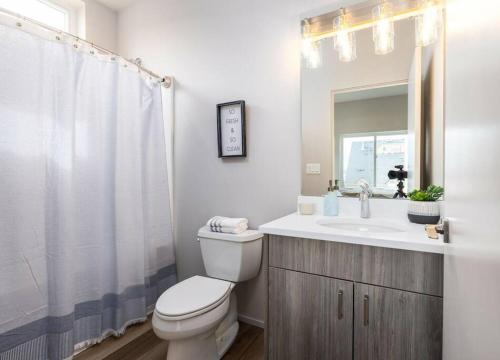 a bathroom with a toilet and a sink and a mirror at *Brand New* Fully Updated Condo 910 in Anacortes in Anacortes