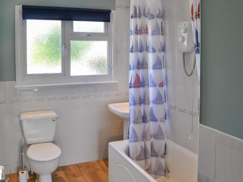 a bathroom with a toilet and a sink and a window at Watersedge - E1106 in Horning