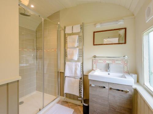 a bathroom with a shower and a sink and a shower at Sprat Winkle in Horsebridge
