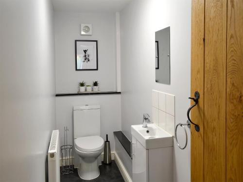 a white bathroom with a toilet and a sink at Tyddyn Eli in Llangwm