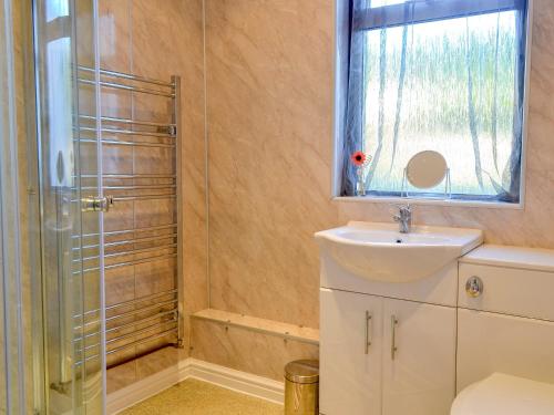 a bathroom with a sink and a shower at Butterhole Cottage in Kelton