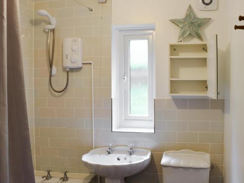 a bathroom with a sink and a toilet and a window at Villa 9 in Cromer
