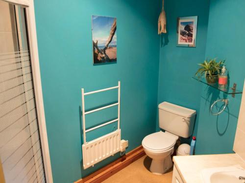 a bathroom with a toilet and a blue wall at Uk13326 Pines in Rosemarkie