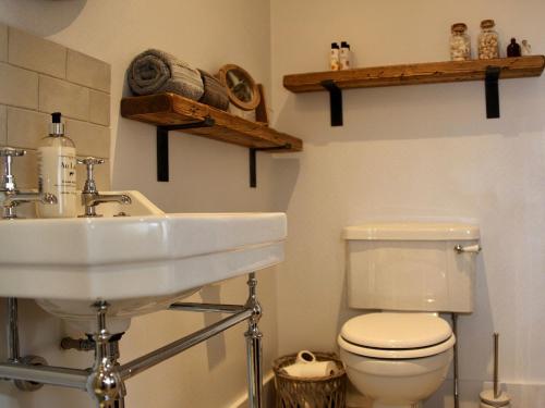 uma casa de banho com um lavatório e um WC em The Barn em Brighstone