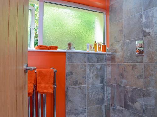 an orange bathroom with a shower with a window at The Steading in Glencripesdale