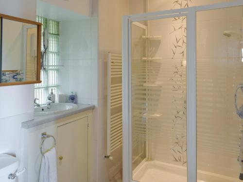 uma casa de banho com um chuveiro e um lavatório. em Cluniter Cottage em Innellan