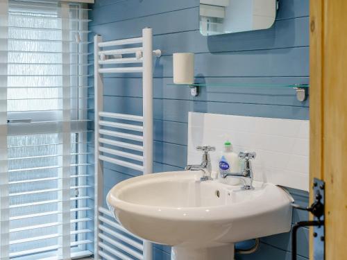 a bathroom with a white sink and blue walls at Tyr Llyr in Penclawdd