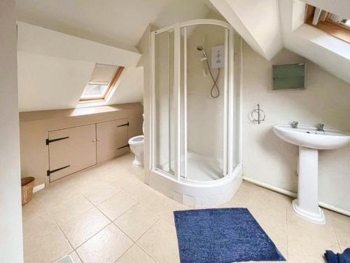 uma casa de banho com um chuveiro e um lavatório. em Cefn Y Meirch em Bala