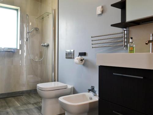 een badkamer met een toilet, een wastafel en een douche bij Healair in Garrabost