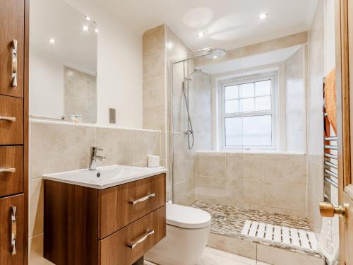 a bathroom with a toilet and a shower and a sink at Mill View in Aberfeldy