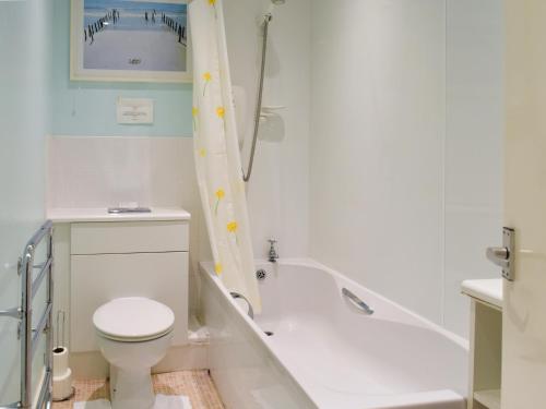 a white bathroom with a toilet and a shower at Cheviot View in Beal