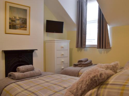 a bedroom with two beds and a fireplace and a television at Dragonfly Cottage in Beverley