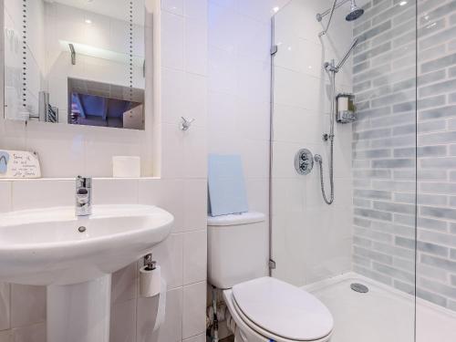 a bathroom with a toilet and a sink and a shower at Pebble Cottage - Uk32243 in Aberdyfi