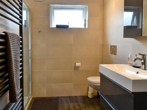 a bathroom with a toilet and a sink and a window at Ferry Cottage in Pitlochry