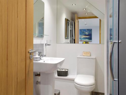 a bathroom with a sink and a toilet and a mirror at Snowdrop Cottage - Uk12987 in Monington