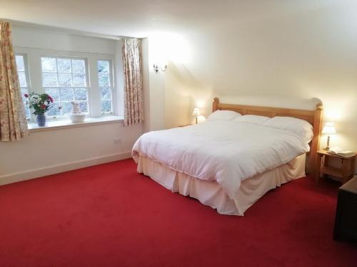 a bedroom with a large white bed with a red carpet at Forget Me Not - Skkz in Dalmellington