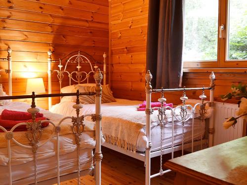 a bedroom with two beds in a log cabin at Edw Lodge in Aberedw