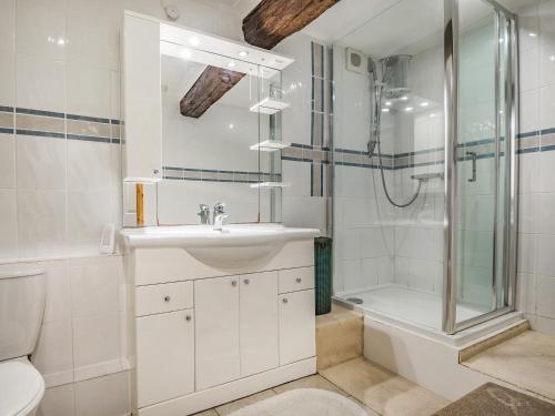 a bathroom with a shower and a sink and a toilet at Clock Cottage in Branscombe