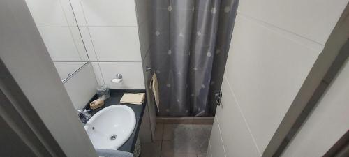 ein kleines Bad mit einem Waschbecken und einem Duschvorhang in der Unterkunft Depto armani in Godoy Cruz