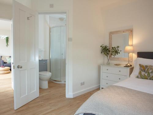 林普史東的住宿－Haldon View，一间卧室配有一张床、一个卫生间和一面镜子