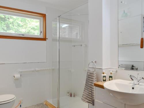 ein Bad mit einem Waschbecken und einer Glasdusche in der Unterkunft Dunyvaig in Colintraive