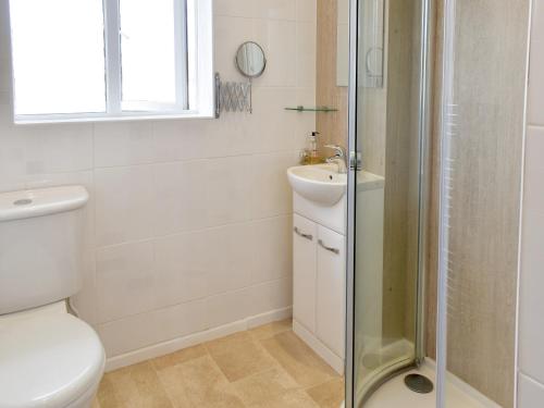 a bathroom with a toilet and a glass shower at Britannia Way in Westward Ho