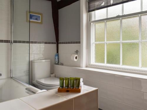ein Bad mit einem Waschbecken, einem WC und einem Fenster in der Unterkunft The Old Bakery in Pulham Saint Mary Magdalene