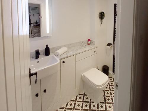 a white bathroom with a sink and a toilet at Stable Cottage in Alnwick