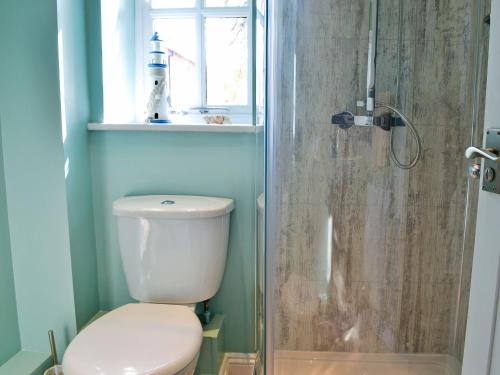 a bathroom with a toilet and a shower at The Farmhouse in Cromer
