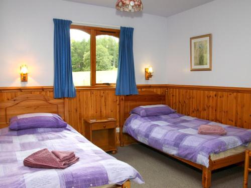 two beds in a bedroom with blue curtains at Treetops Lodge - Uk30556 in Urchany
