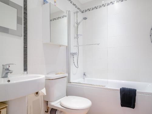 a white bathroom with a toilet and a shower at Water View in Looe