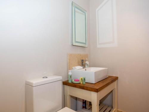 a bathroom with a white sink and a toilet at Wren Cottage in Sutton