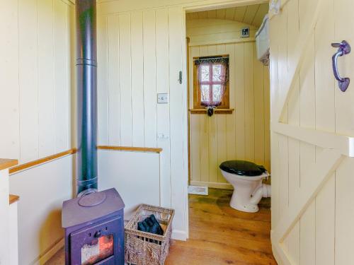 a small bathroom with a stove and a toilet at Elsies Hut in Albourne